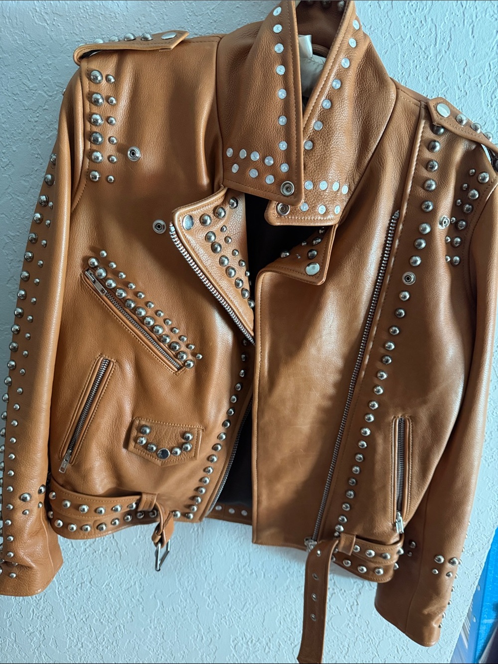 Women's Tan Studded Leather Biker Jacket - Contemporary Edge